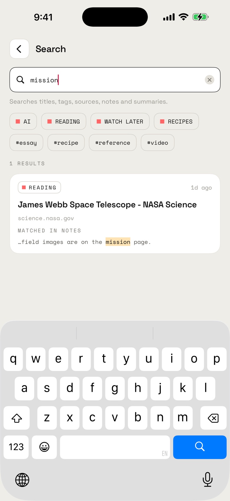 Search in STASH part way through the word mission, with the one matching saved link found through the note the reader wrote rather than the title.